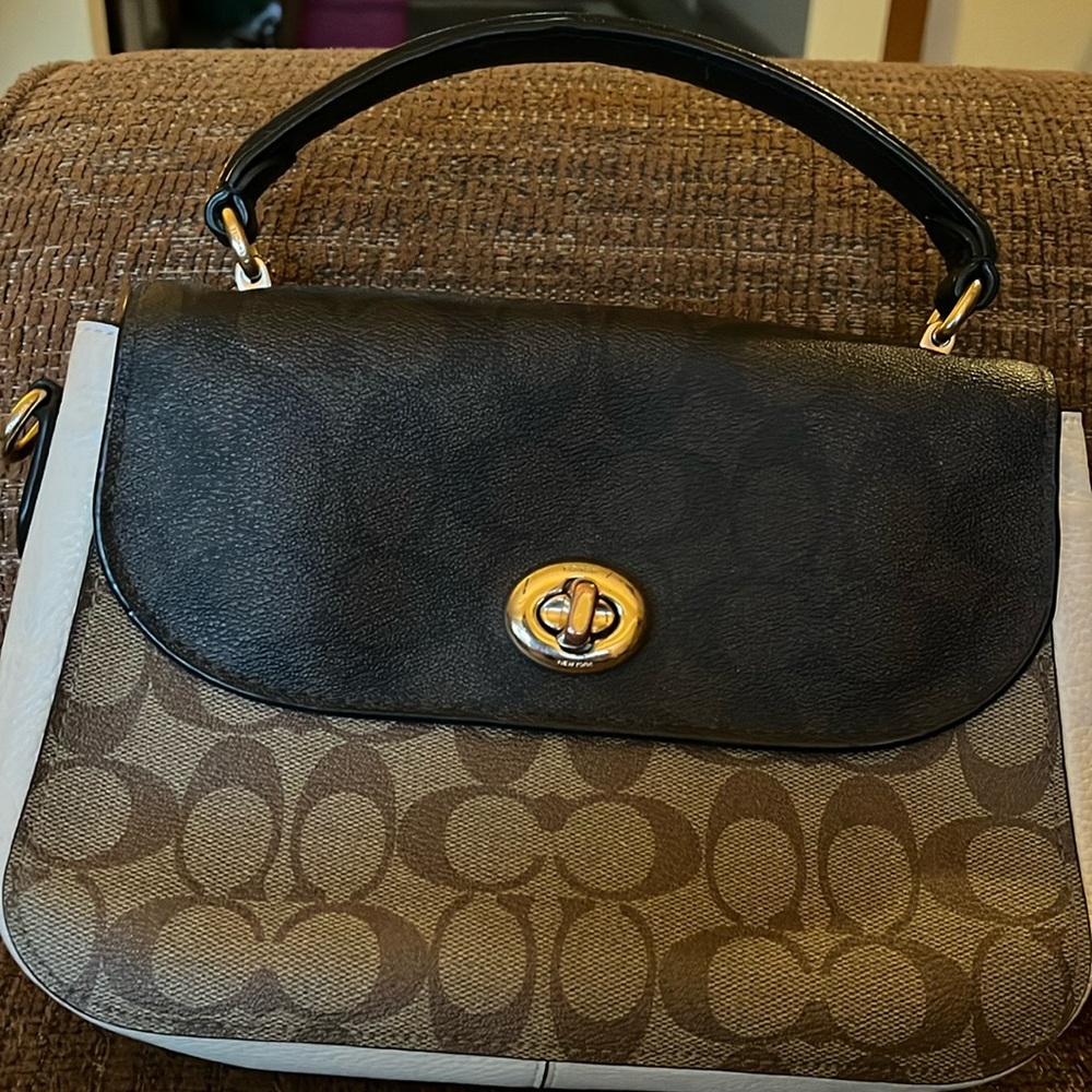 Coach Marlie top-handle signature coated canvas and pebbled leather hand bag.
